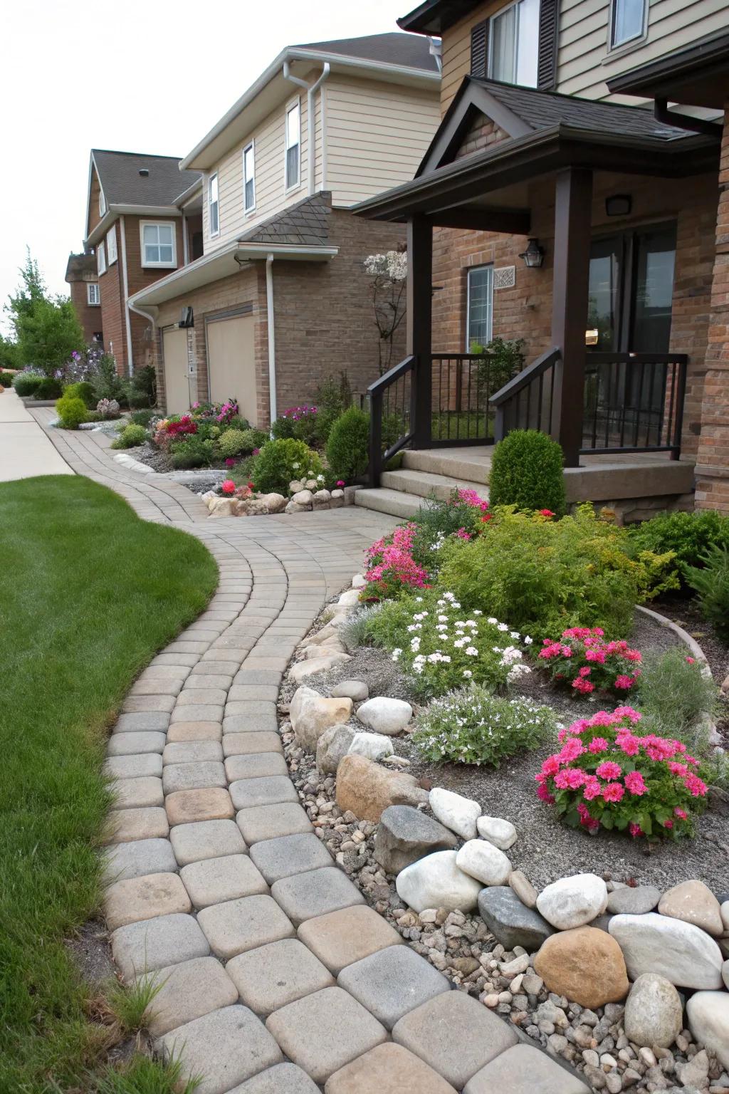 Decorative stones adding texture and contrast to a townhouse front yard.