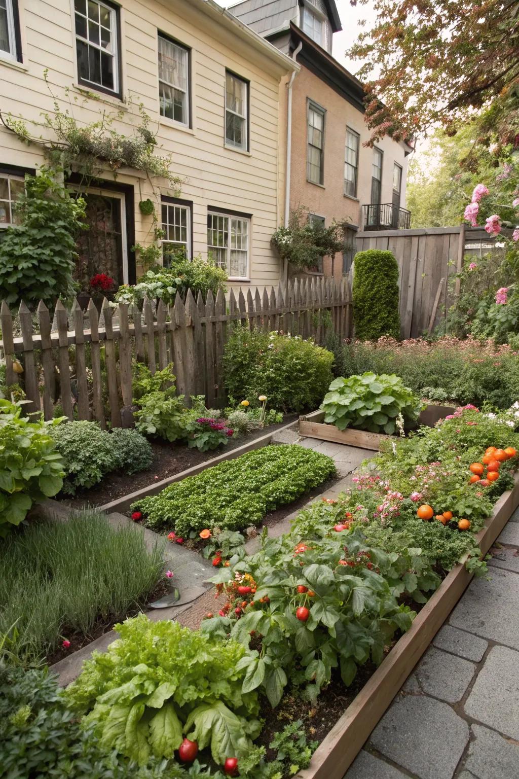 A small kitchen garden in a townhouse setting, filled with herbs and vegetables.
