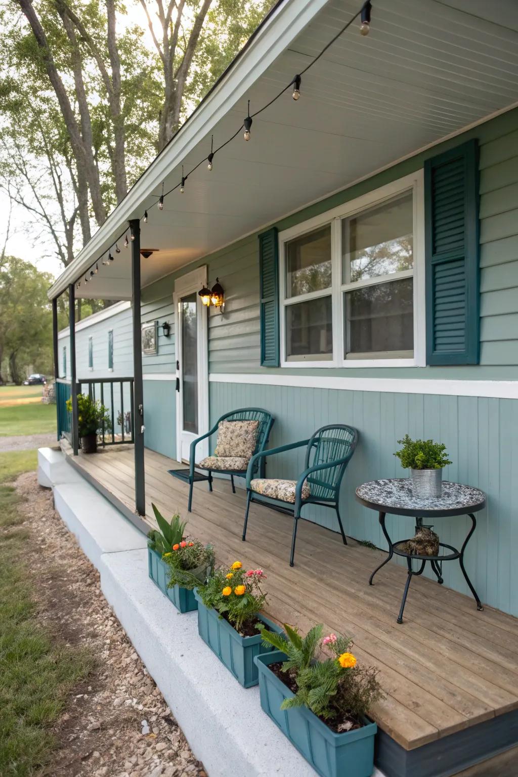 A trailer front porch with a thoughtfully coordinated color scheme.