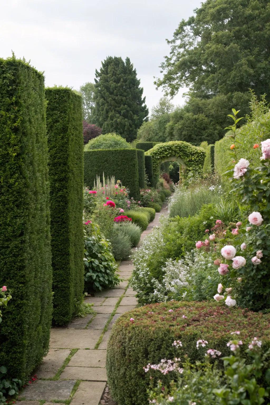 A private garden retreat surrounded by lush hedges.