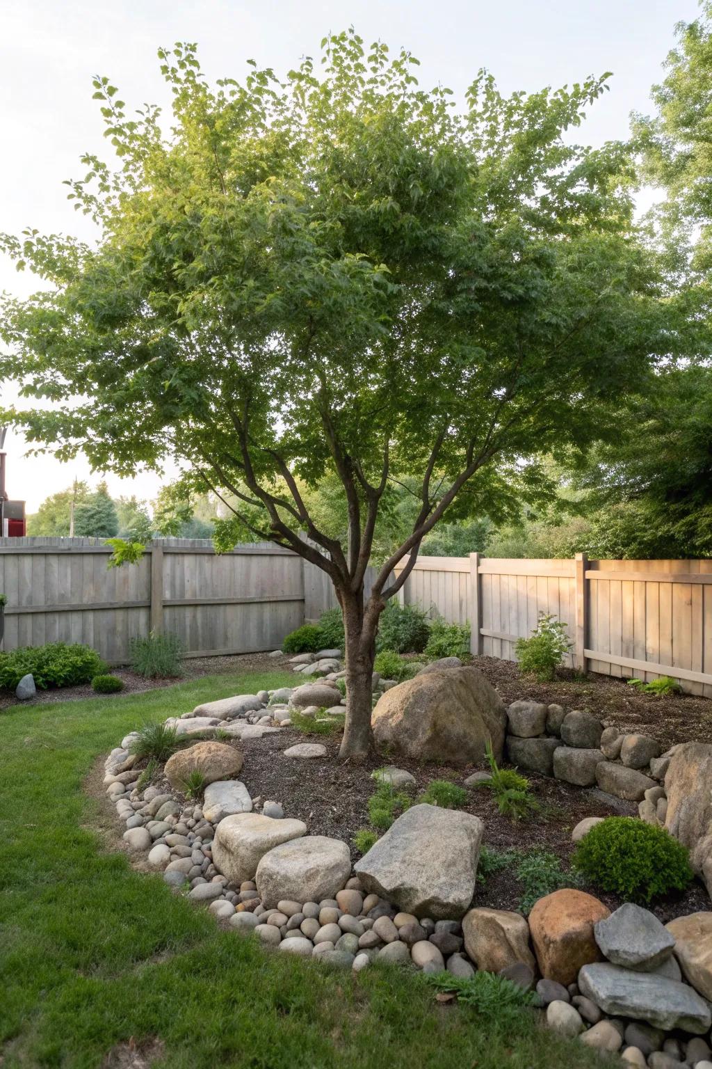 A tree with an organic rock garden border.