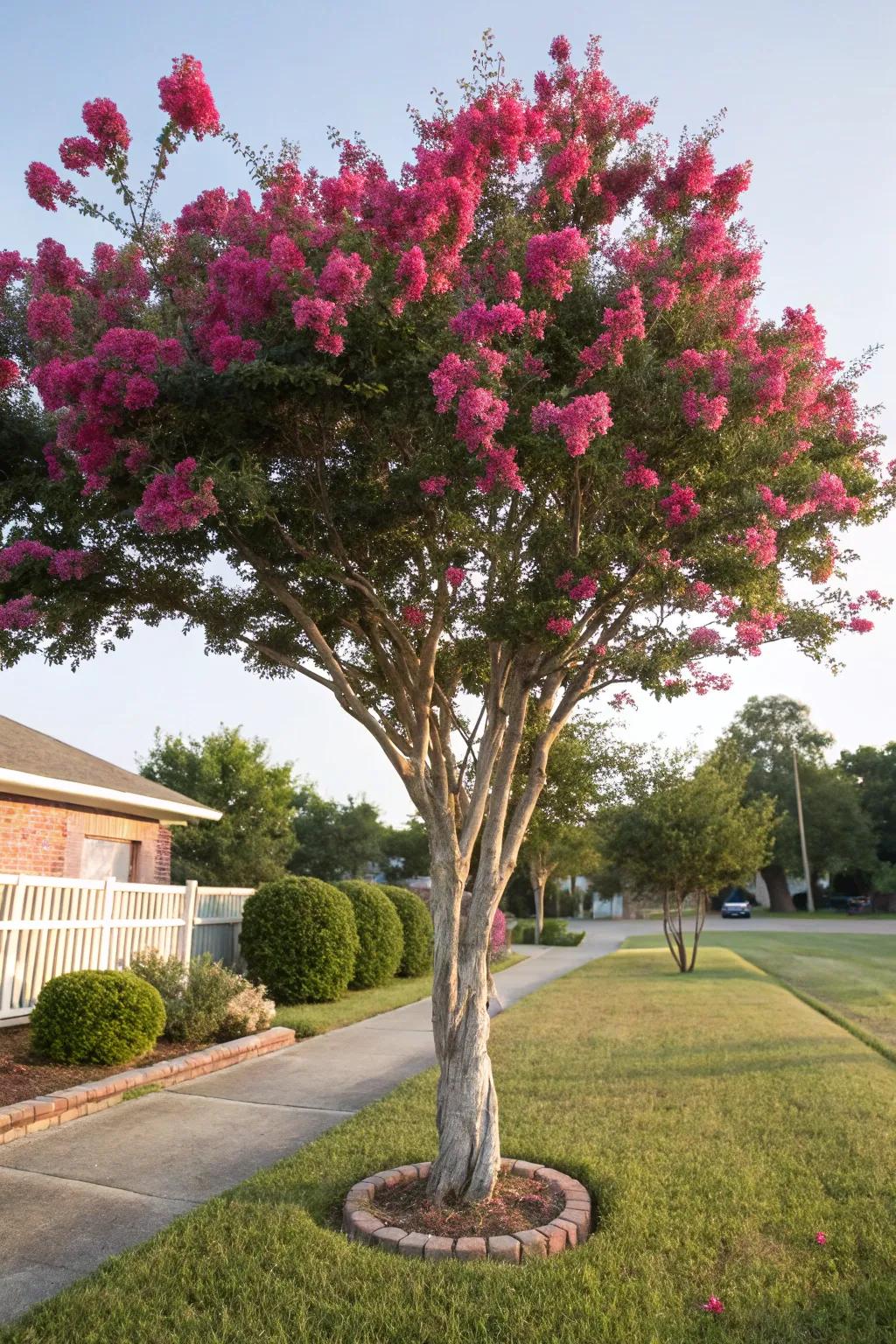 Crape Myrtles offer colorful blooms and charming bark for a warm welcome.