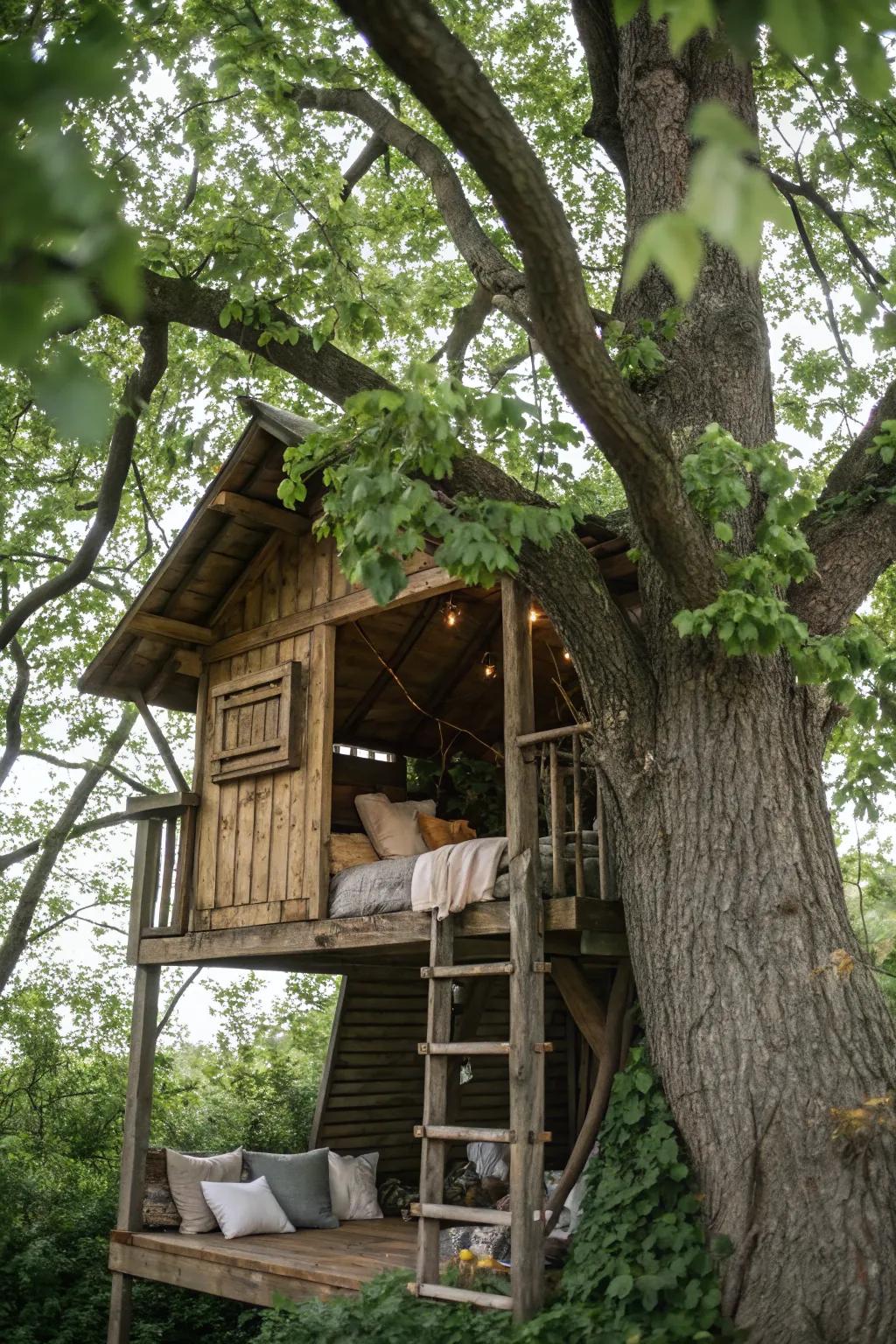A secret clubhouse tree house with hidden entrances and cozy nooks, perfect for little adventurers.