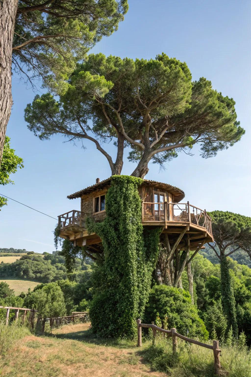 A tree house that harmonizes beautifully with its natural surroundings.