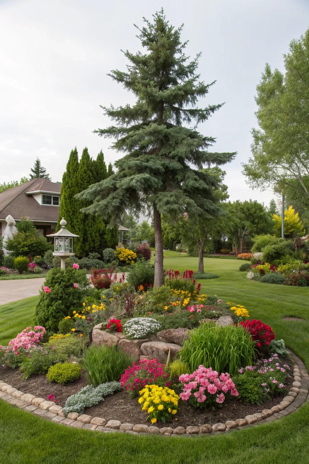 Evergreens keep your tree island lush throughout the seasons.