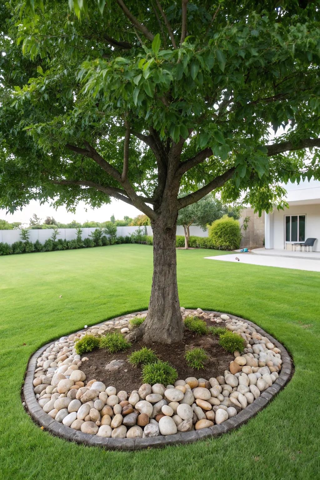 Decorative pebbles add a contemporary touch to tree bases.