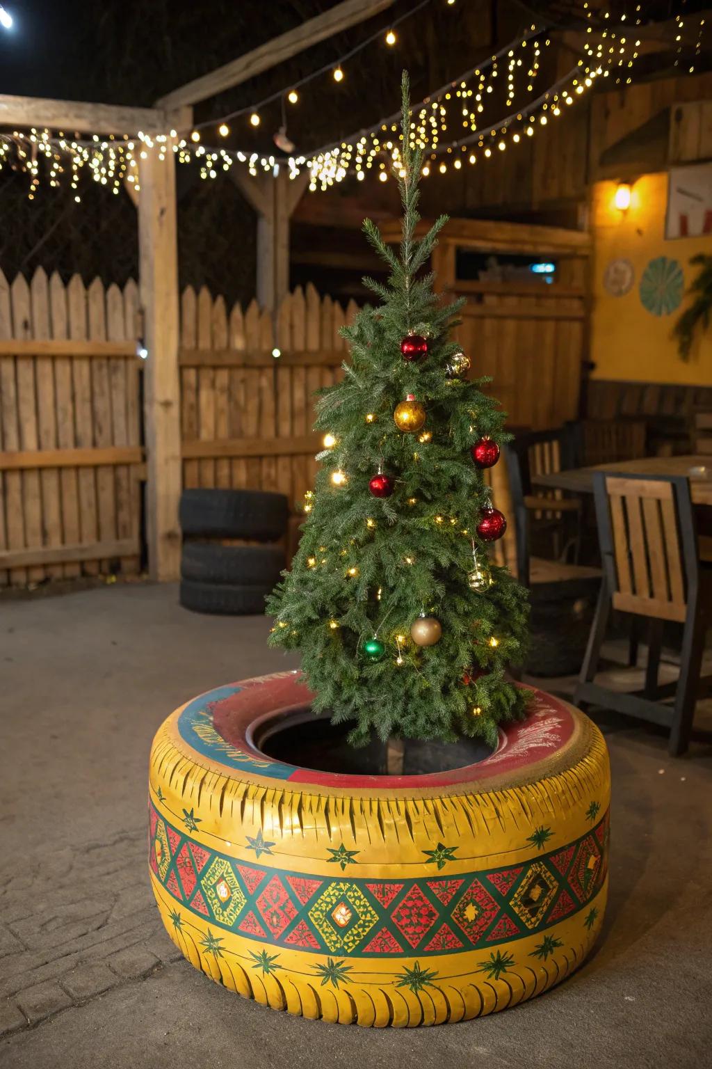 Old tires become quirky, eco-friendly tree stands.