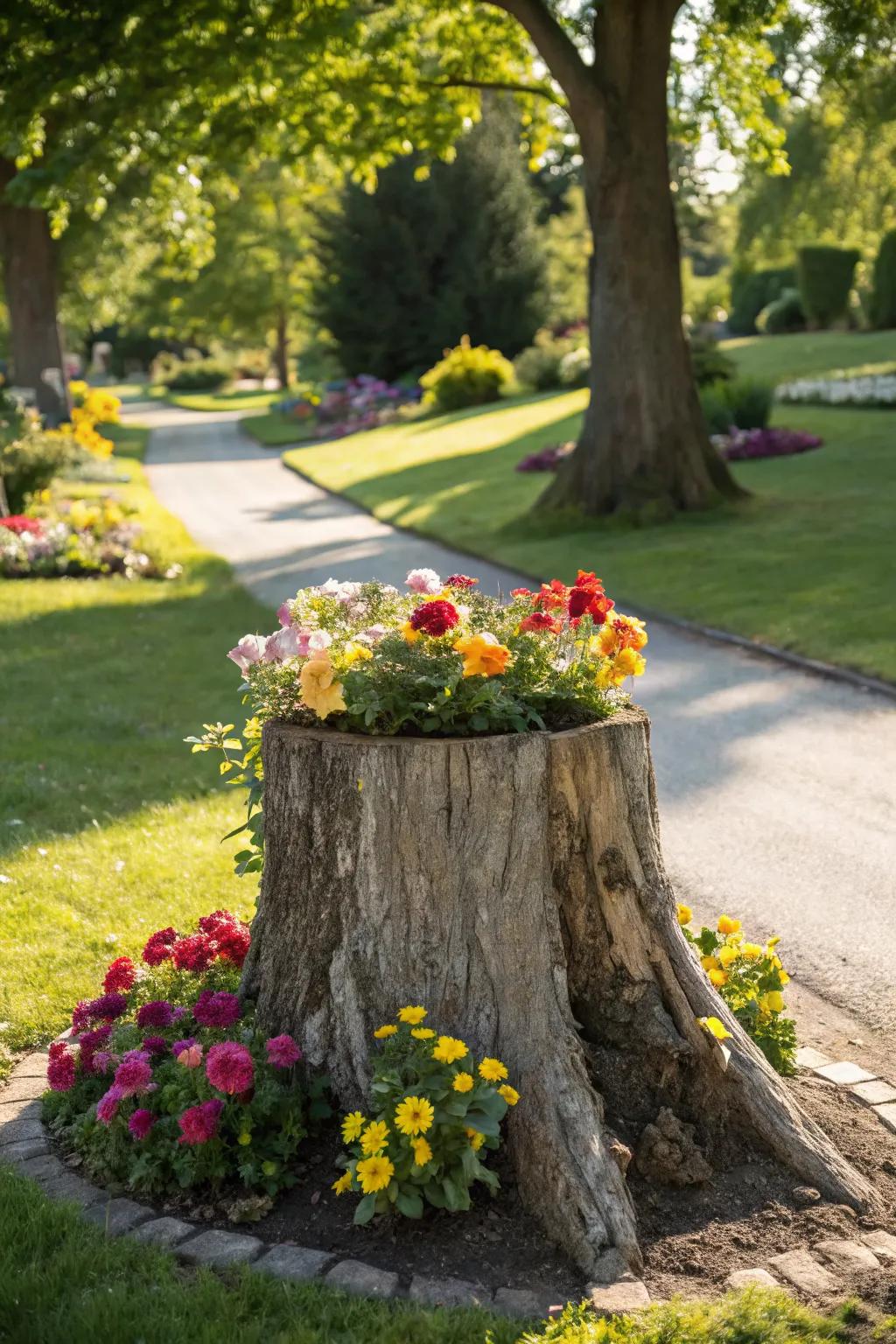 Combine style and function with a planter stump.