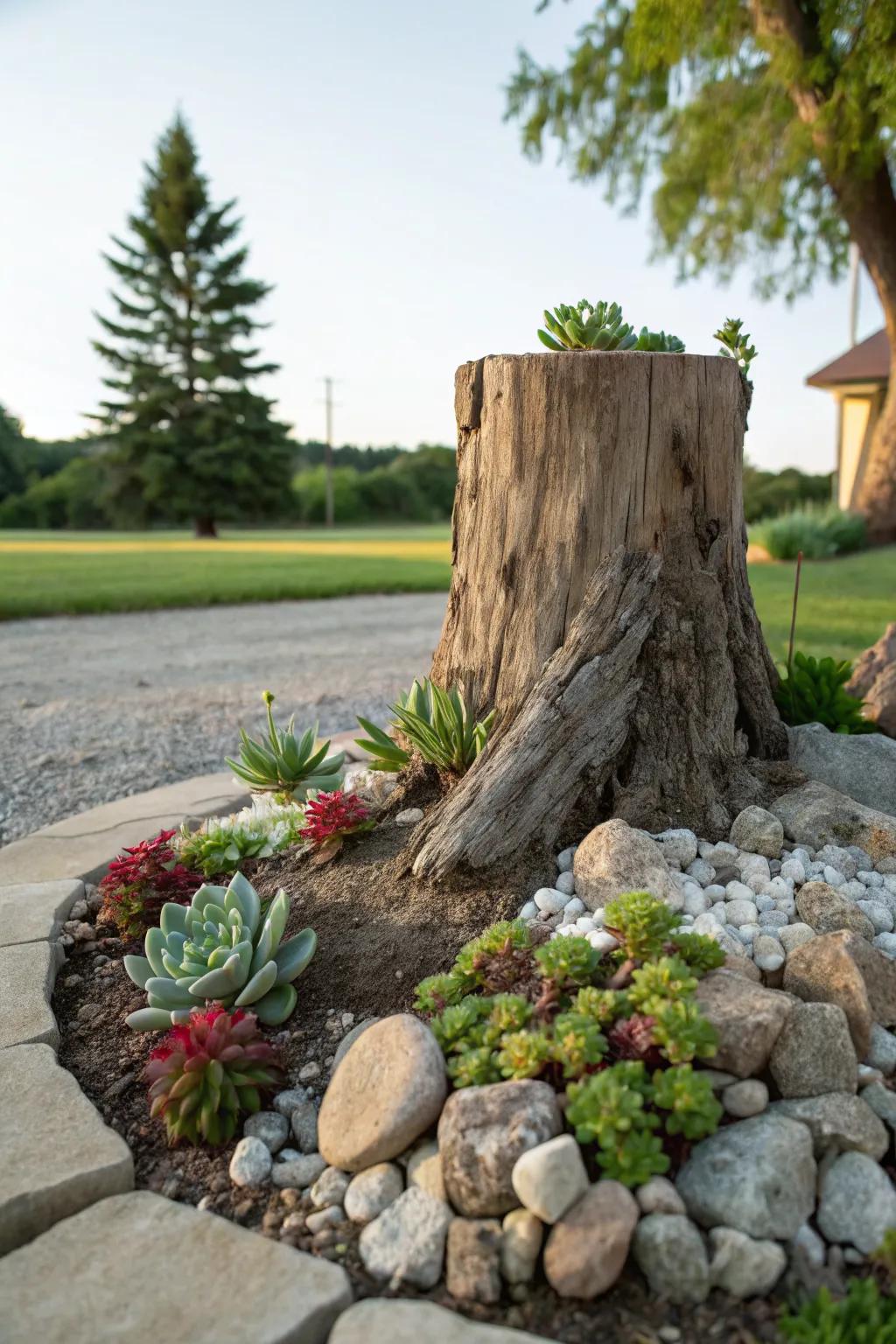 A tree stump integrated into an intriguing rock garden.