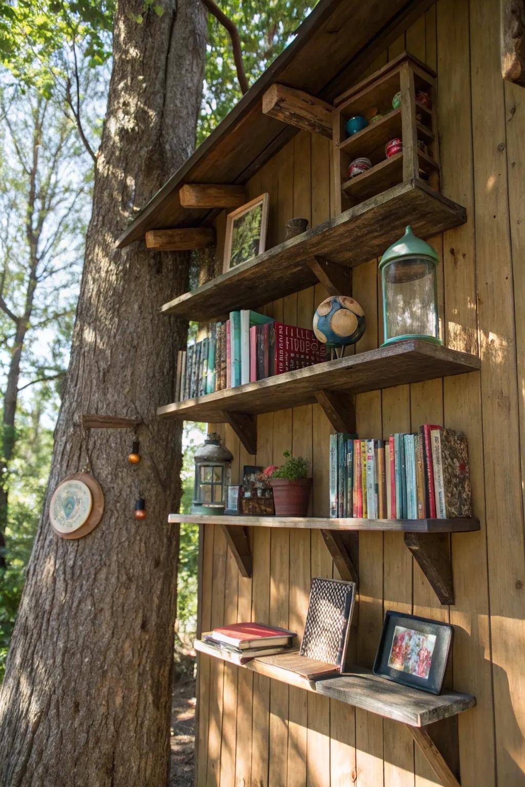 Floating bookshelves keep reading materials close and add personal flair.