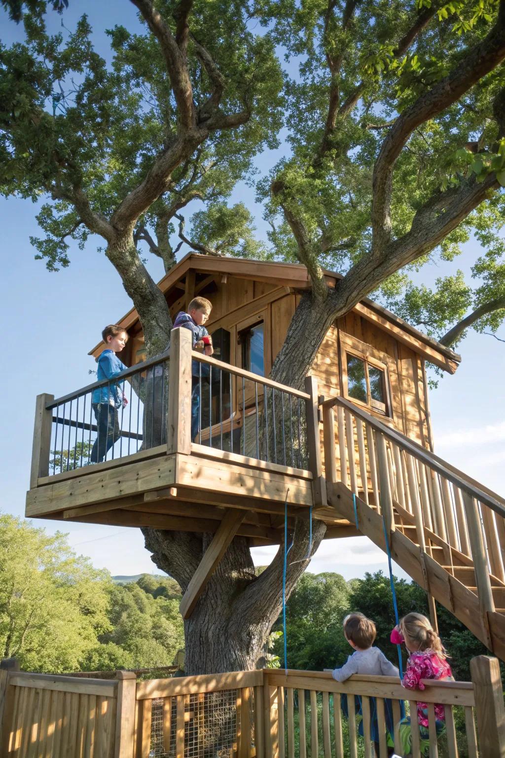 A treehouse secured with sturdy safety railings, perfect for children's play.