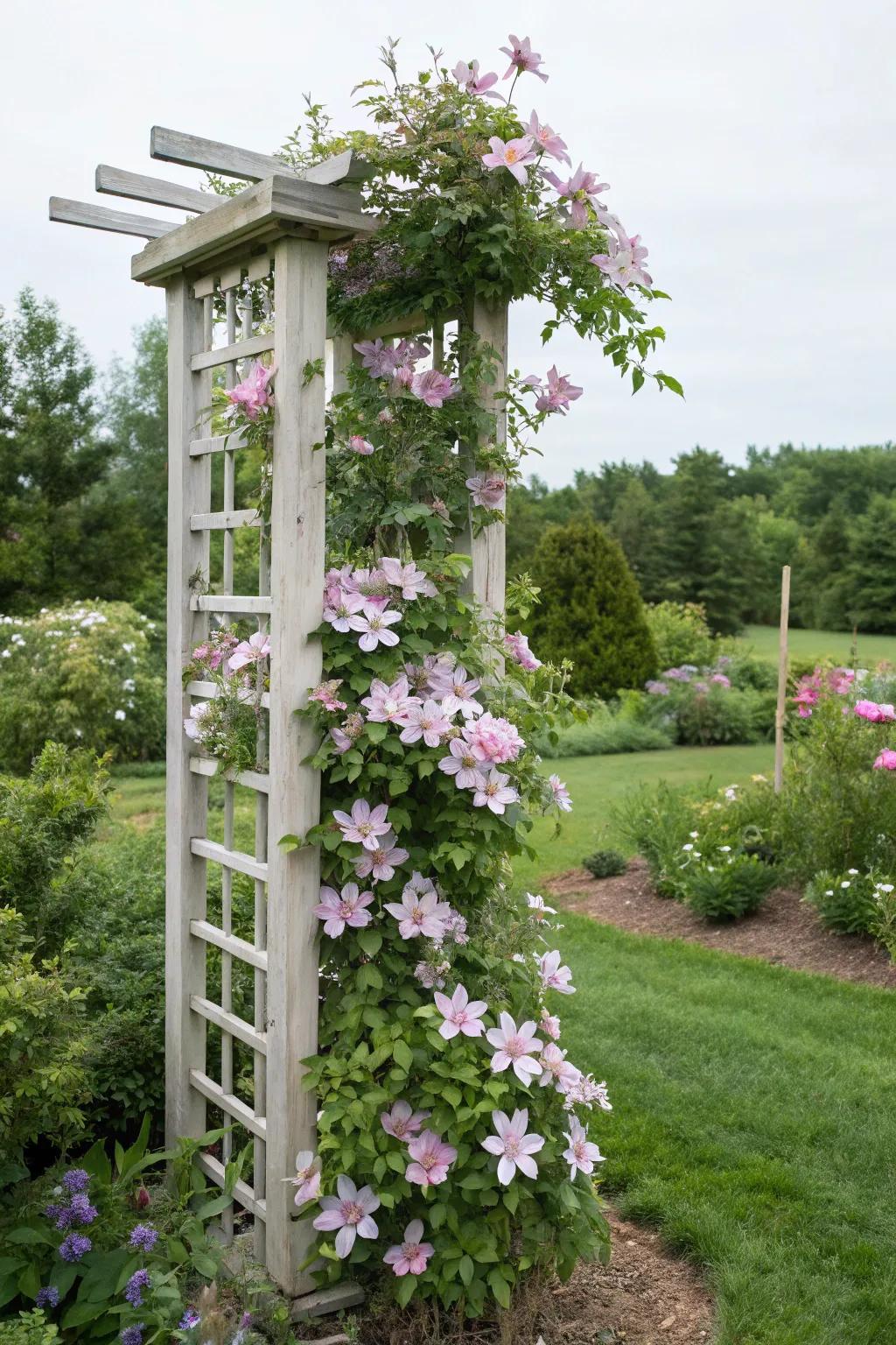 A freestanding trellis decorated with blooming clematis flowers.