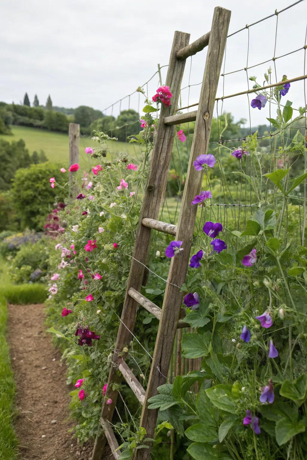 A rustic ladder trellis brings a touch of farmhouse charm.