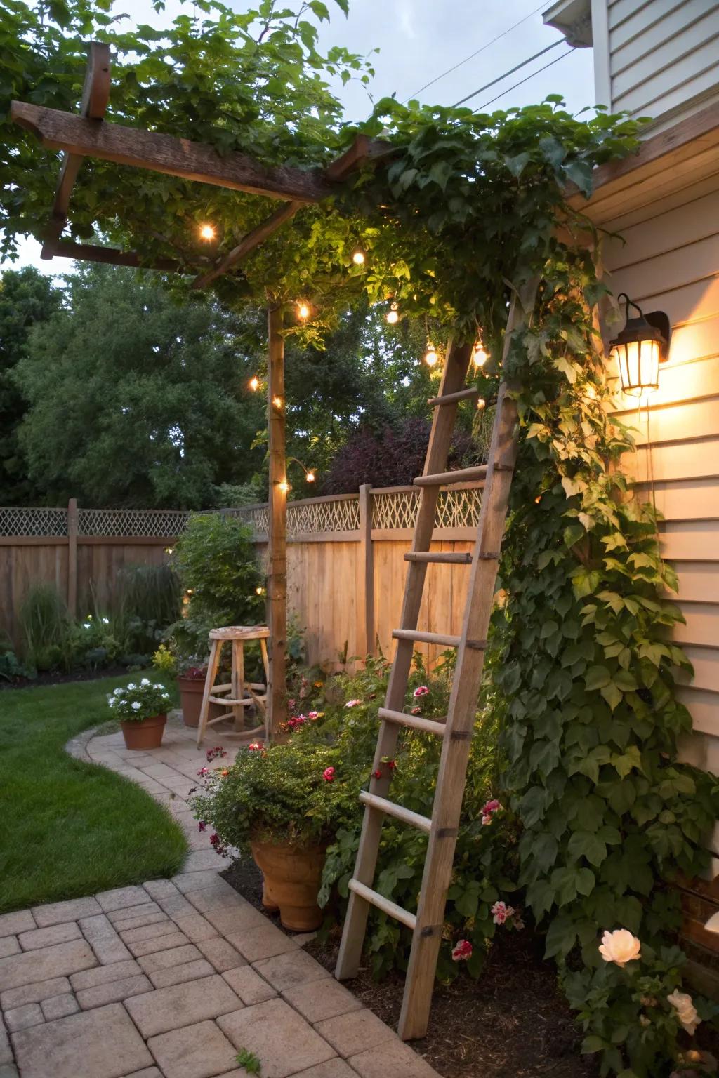 A ladder trellis made from branches adds vertical interest in a cozy garden corner.