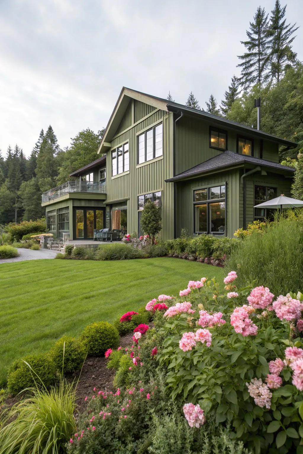Olive green exteriors blend seamlessly with nature.