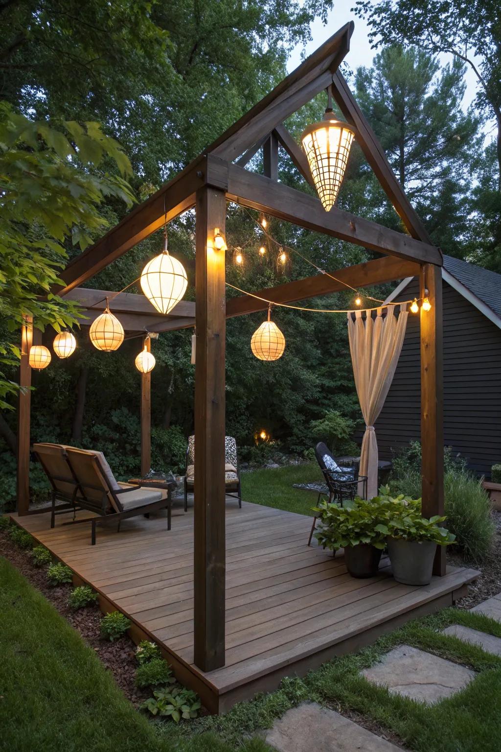 Hanging lanterns illuminating a triangle pergola for evening charm.
