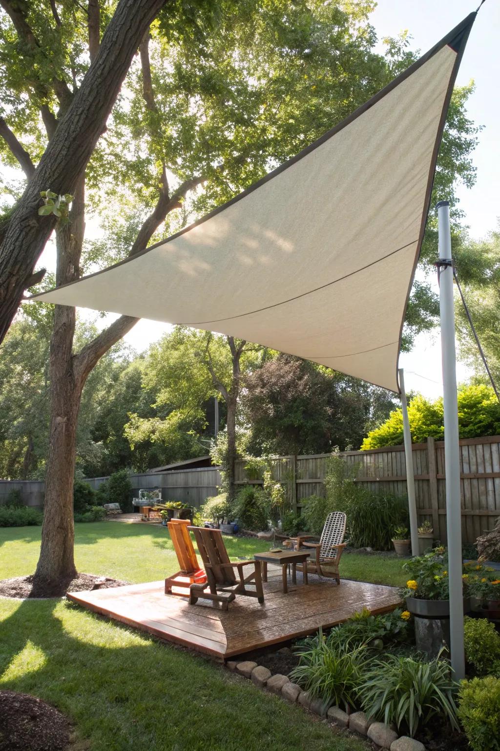 Ingenious installations using natural anchors for triangle sun shades.