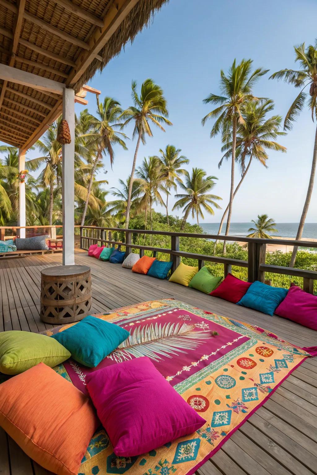 Colorful cushions and a vibrant rug add personality to a tropical deck.