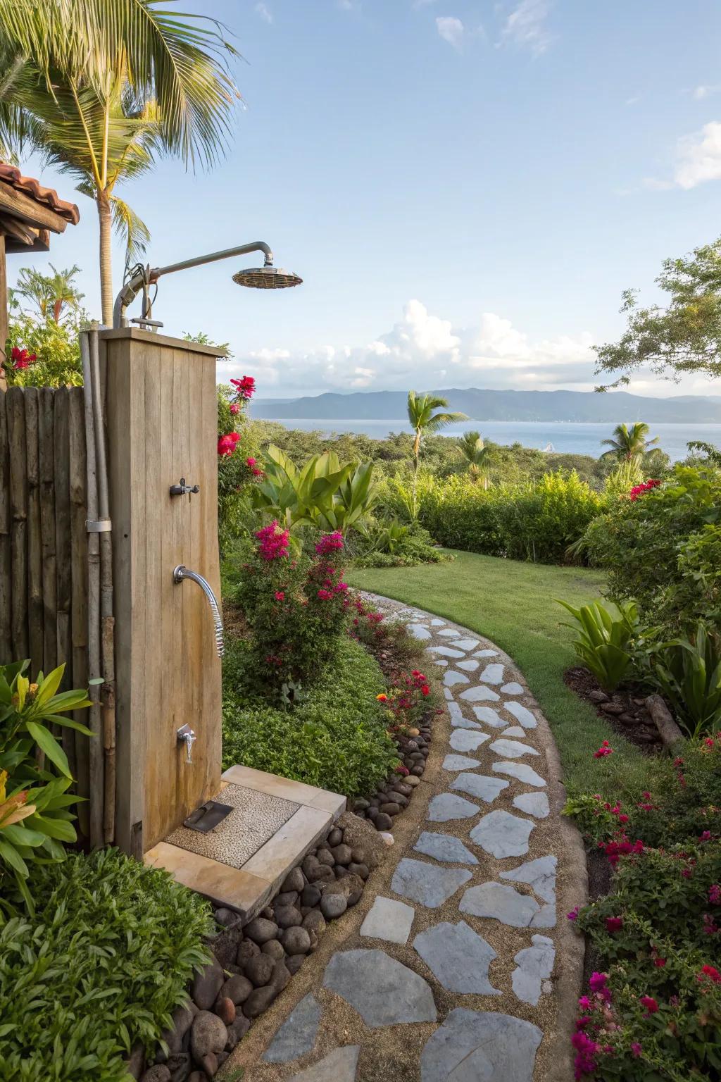 Create a seamless transition to your outdoor shower with natural pathways.