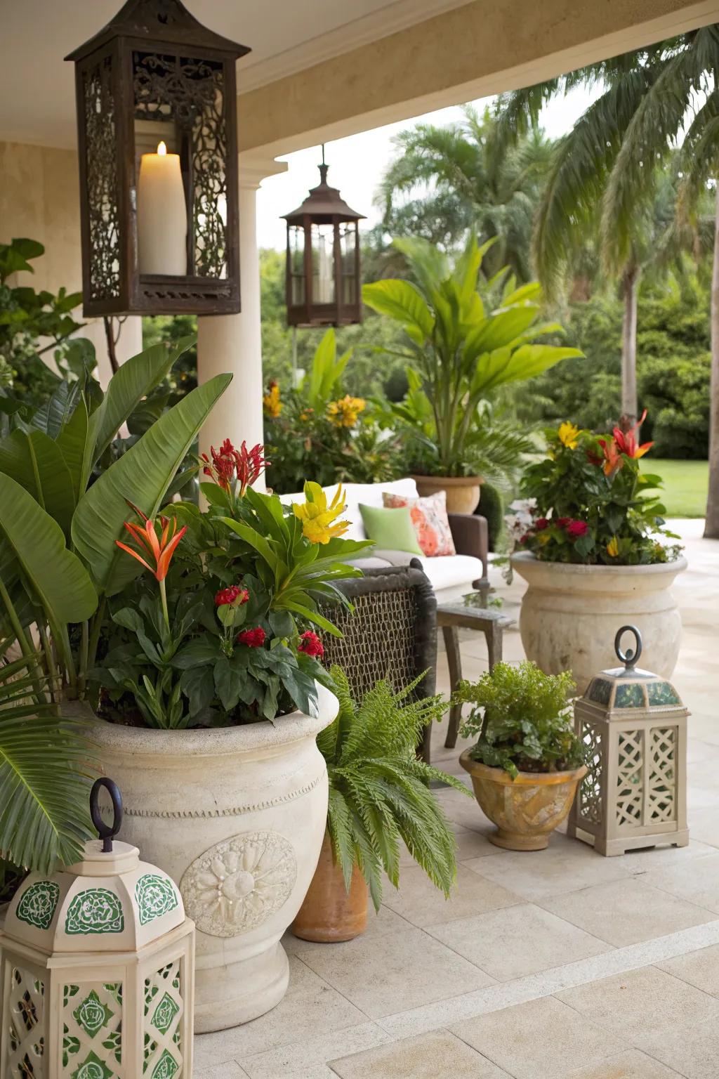 Decorative details like artistic planters add charm to this tropical patio.