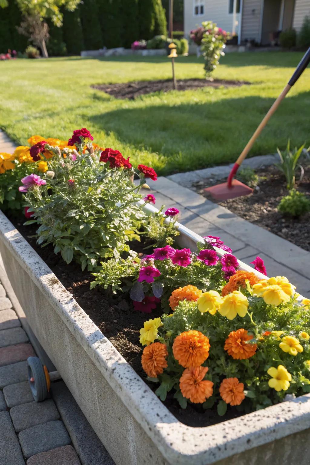 A colorful flower mix in a trough planter, attracting pollinators.