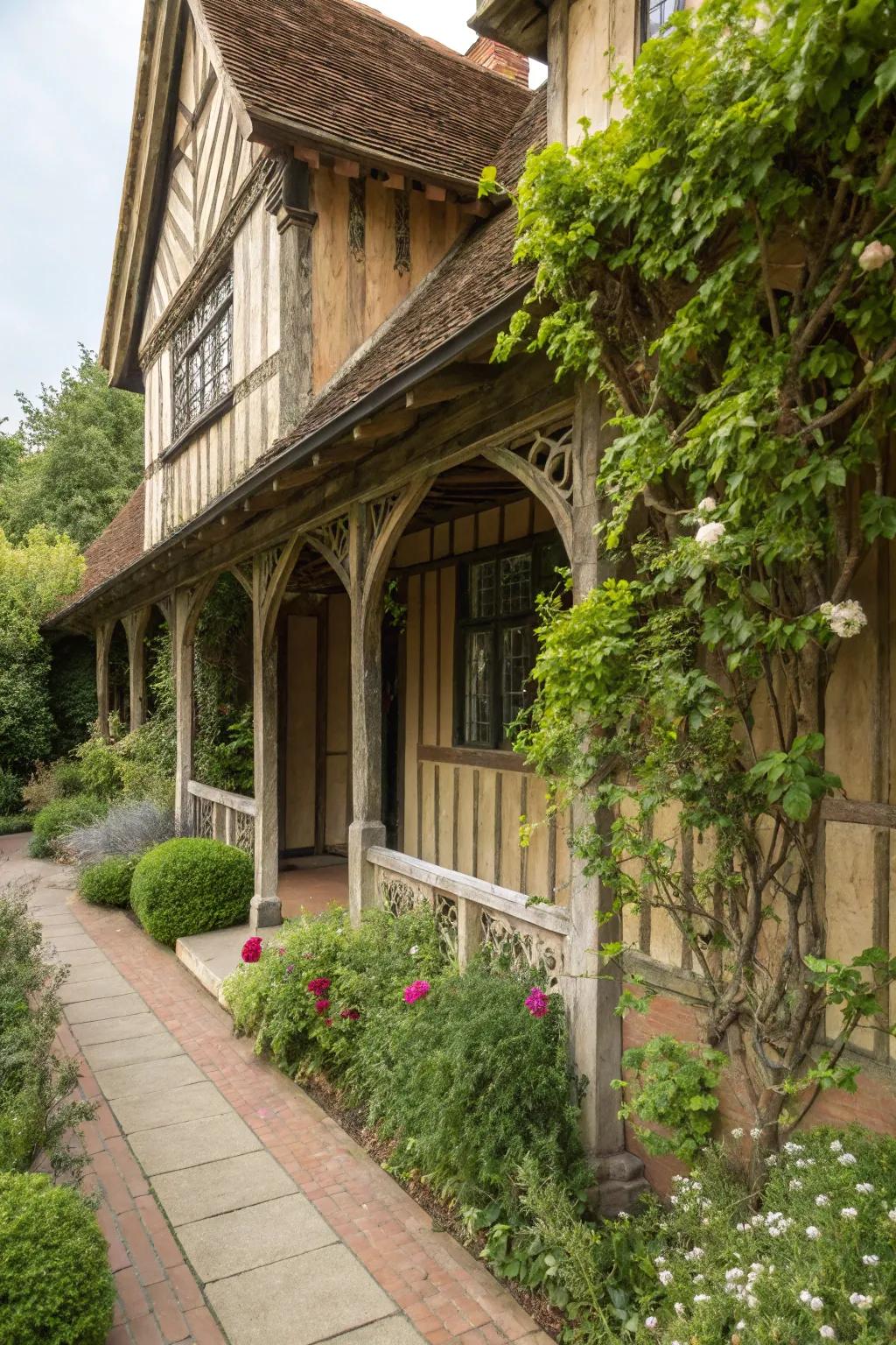 Exposed wooden beams add architectural interest to this Tudor porch.