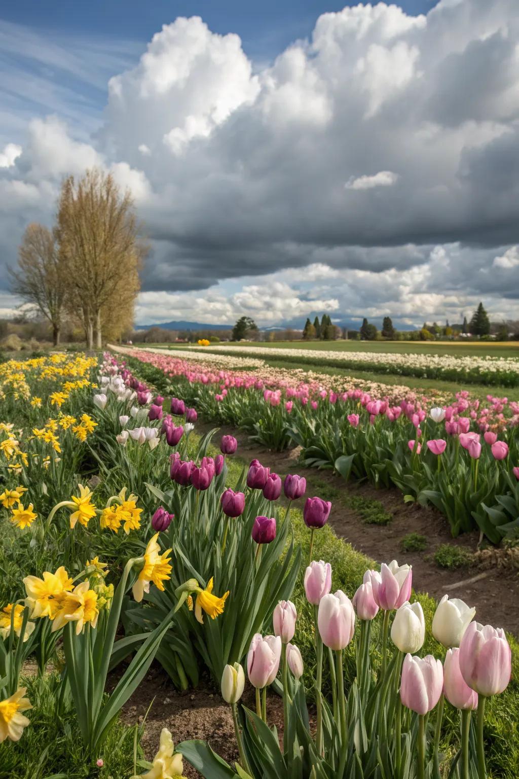 A springtime garden filled with blooming tulips and daffodils.