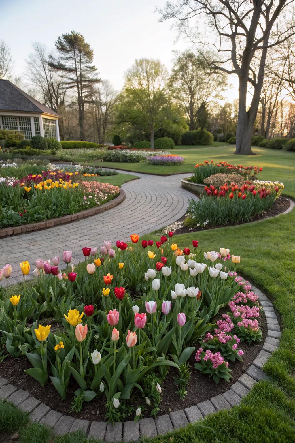 A circular bed of tulips creates a stunning garden focal point.