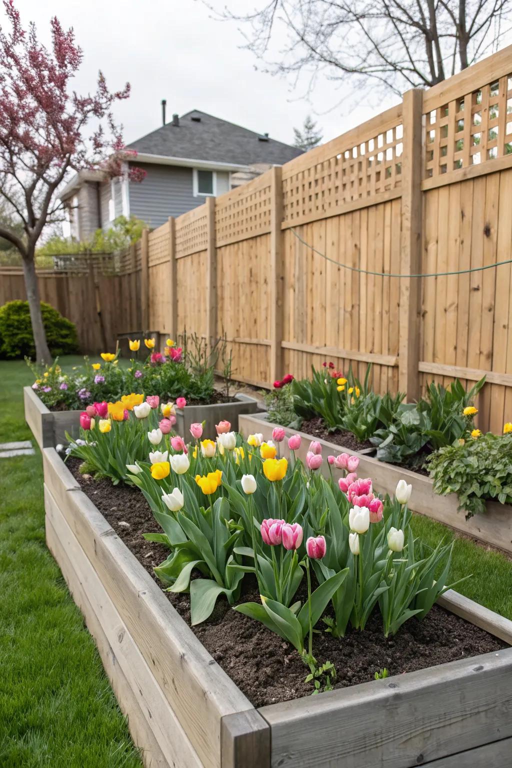 Raised beds offer both functionality and style for tulip gardens.