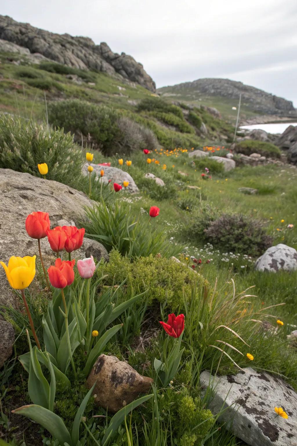 Tulips in a natural, flowing garden setting.
