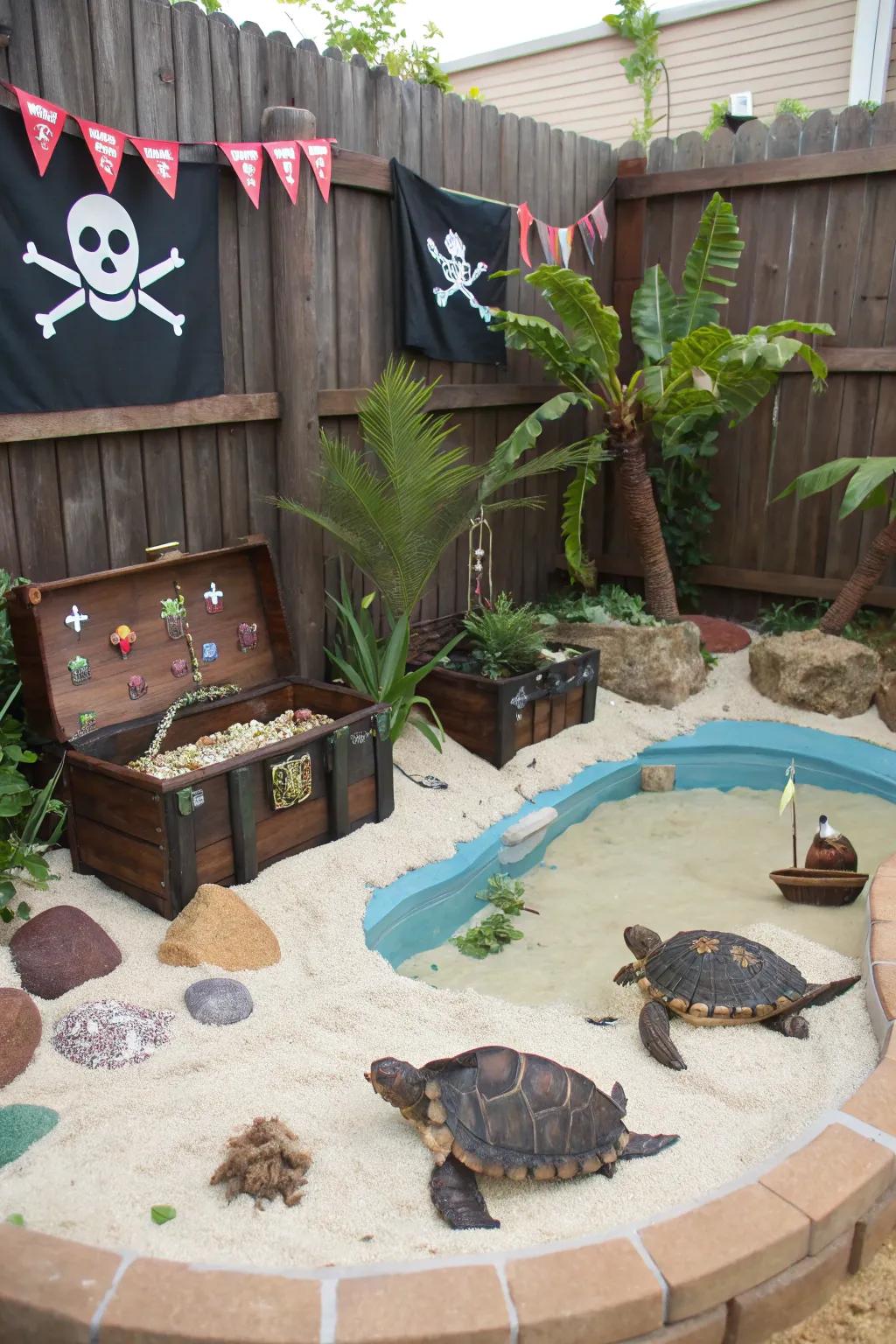 A playful pirate-themed turtle enclosure.