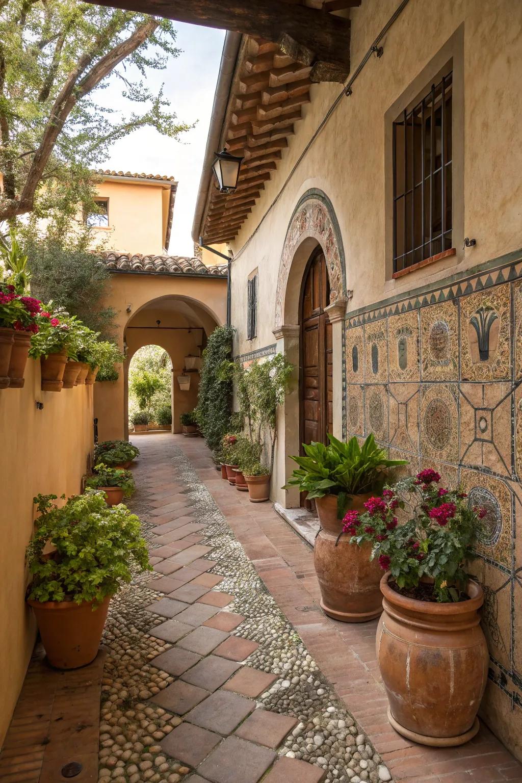 Terracotta accents bring warmth to the courtyard's design.