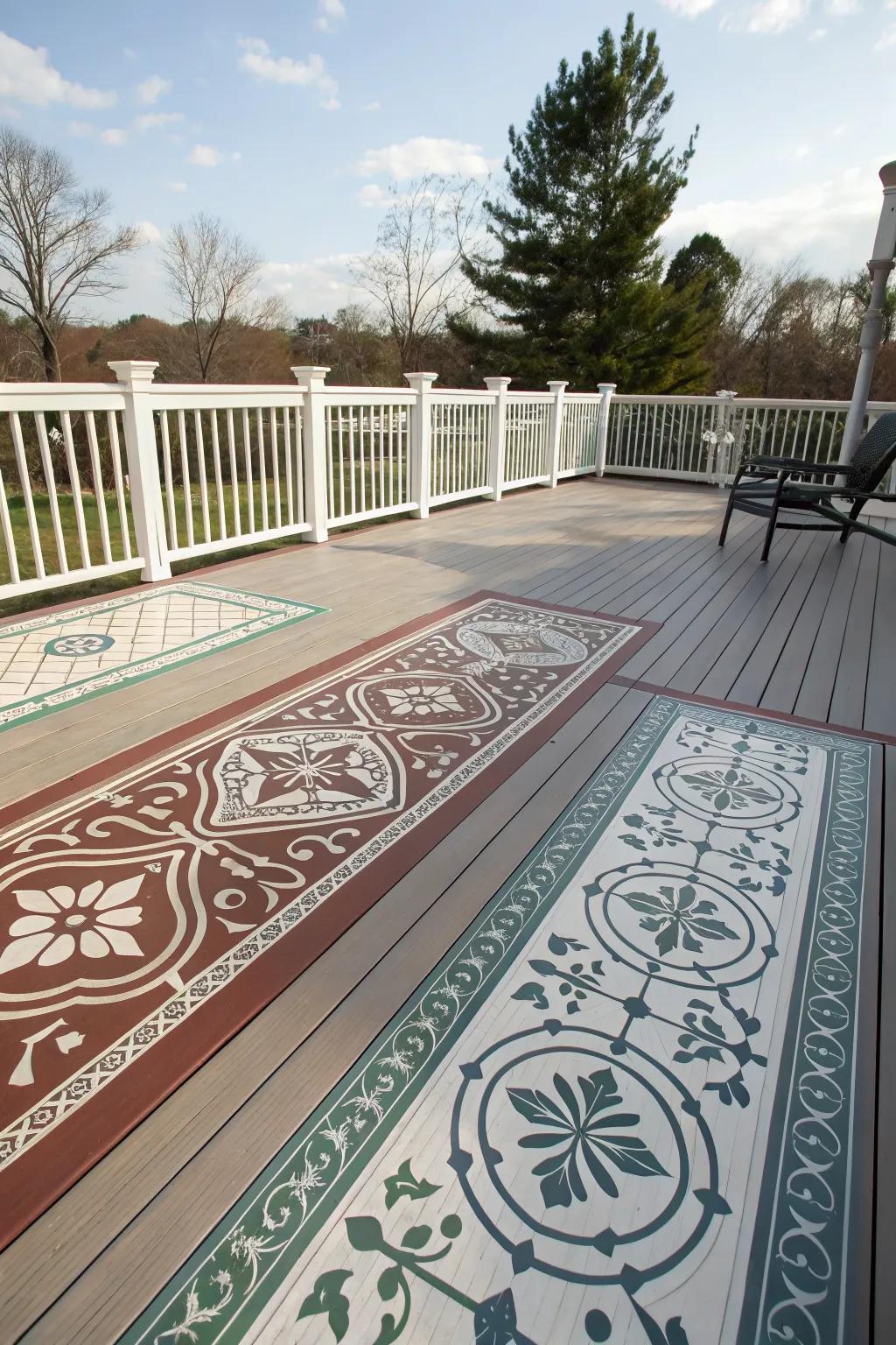 Intricate inlay patterns create visual interest on this stunning deck.