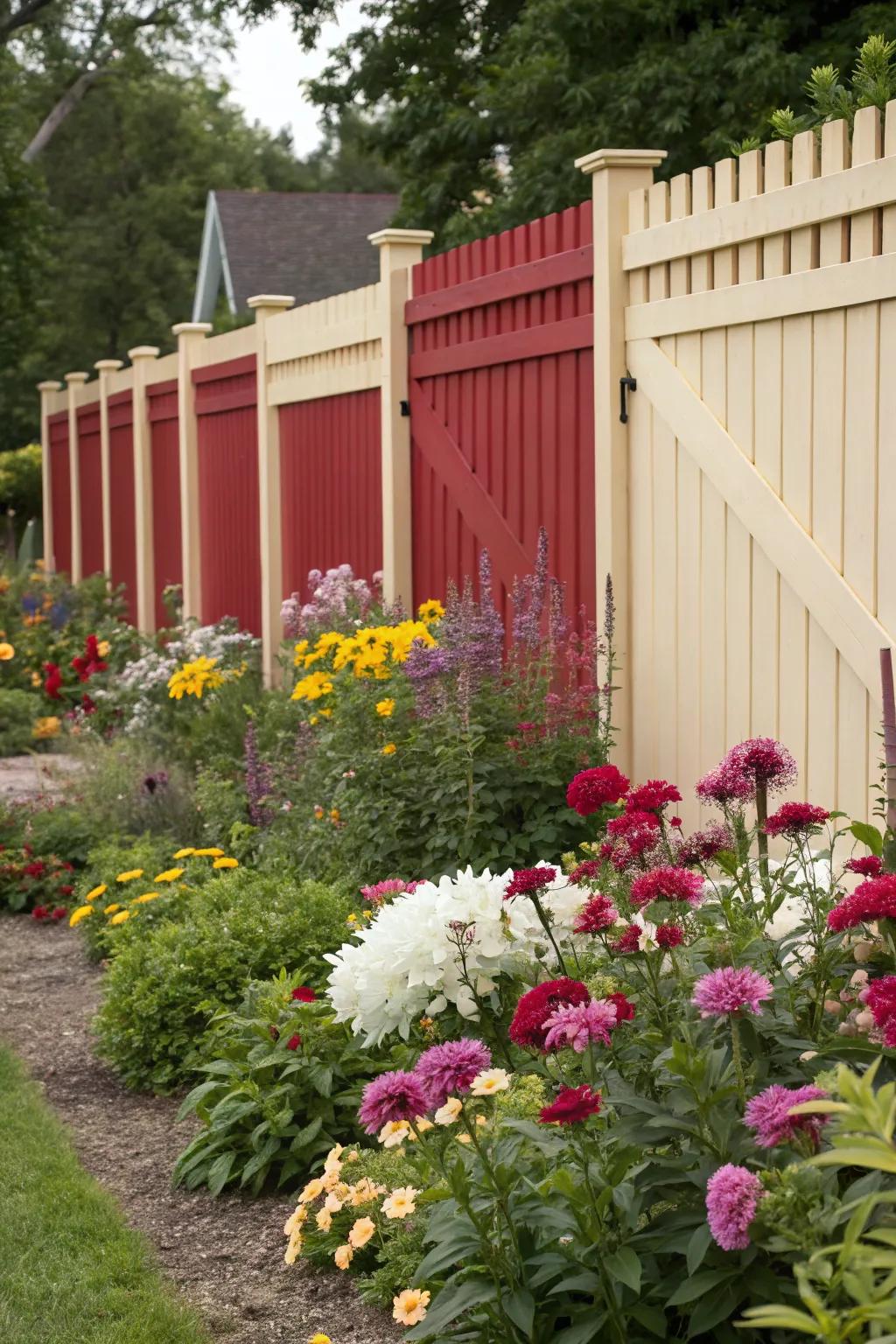 Red and cream fence adding a splash of color to a lively garden.