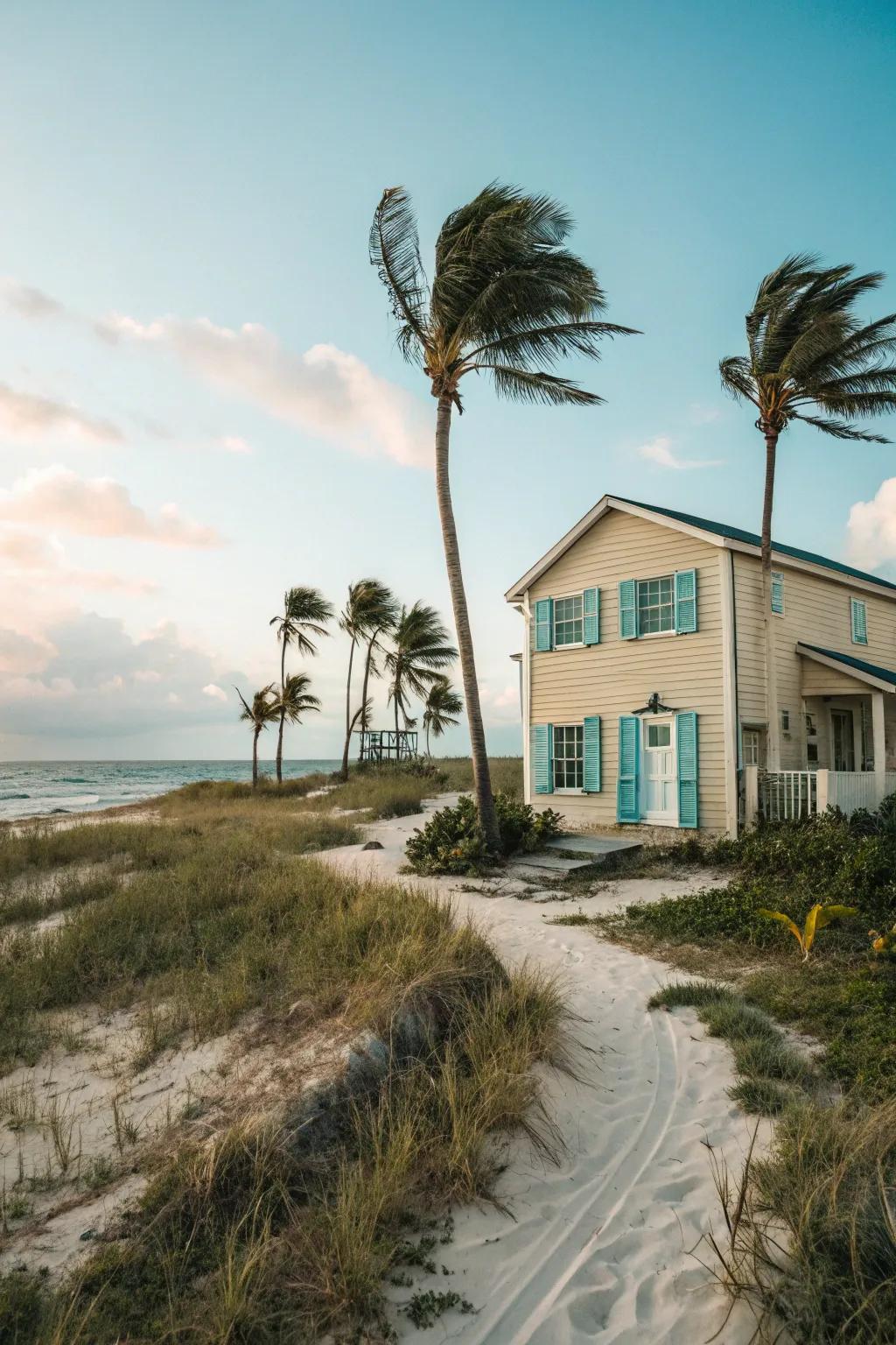 Beige and aqua provide a soft, inviting coastal charm.