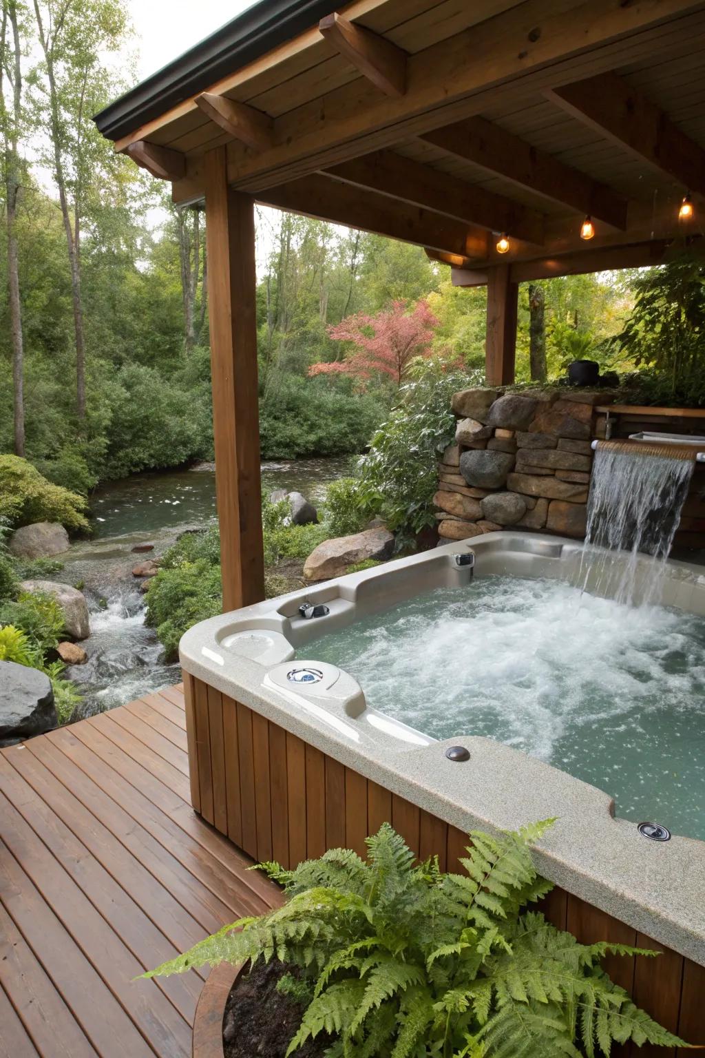 A waterfall feature creates a tranquil and stunning hot tub environment.