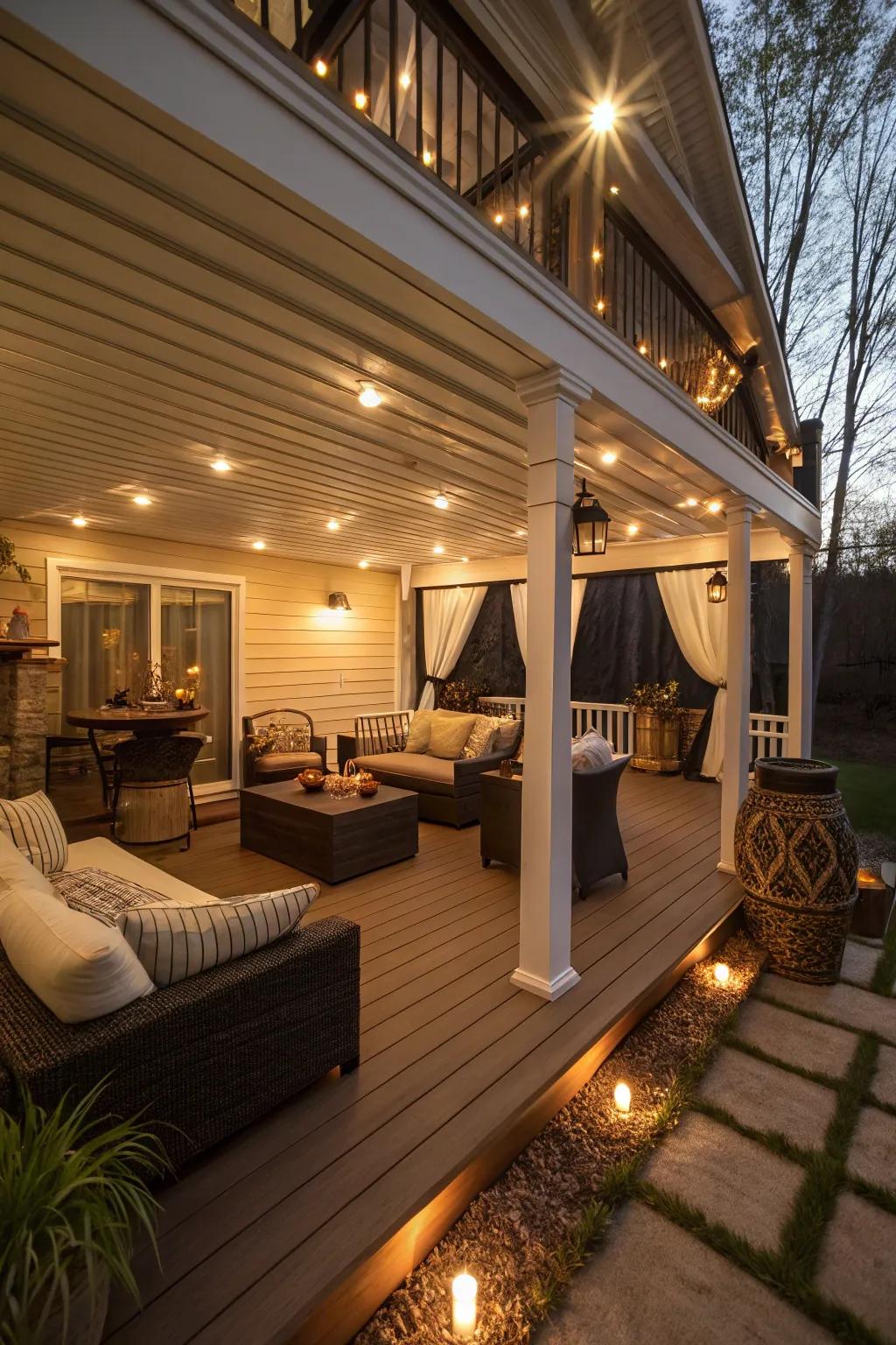 Integrated lighting adds warmth and functionality to your under-deck area.