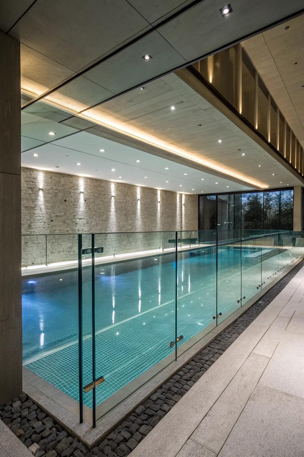 A modern pool design featuring sleek lines and transparent fencing.
