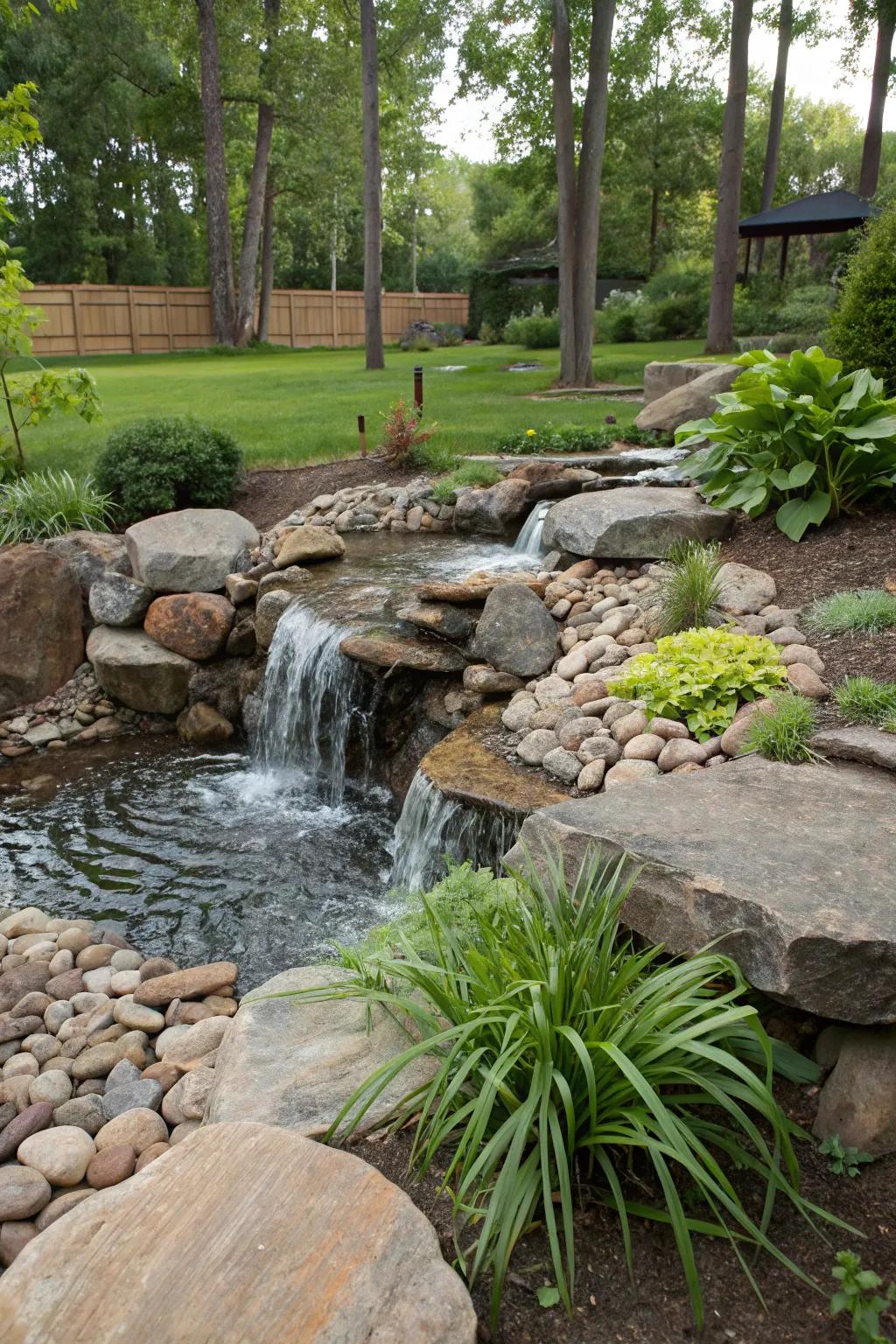 A peaceful water feature adds tranquility to the garden.
