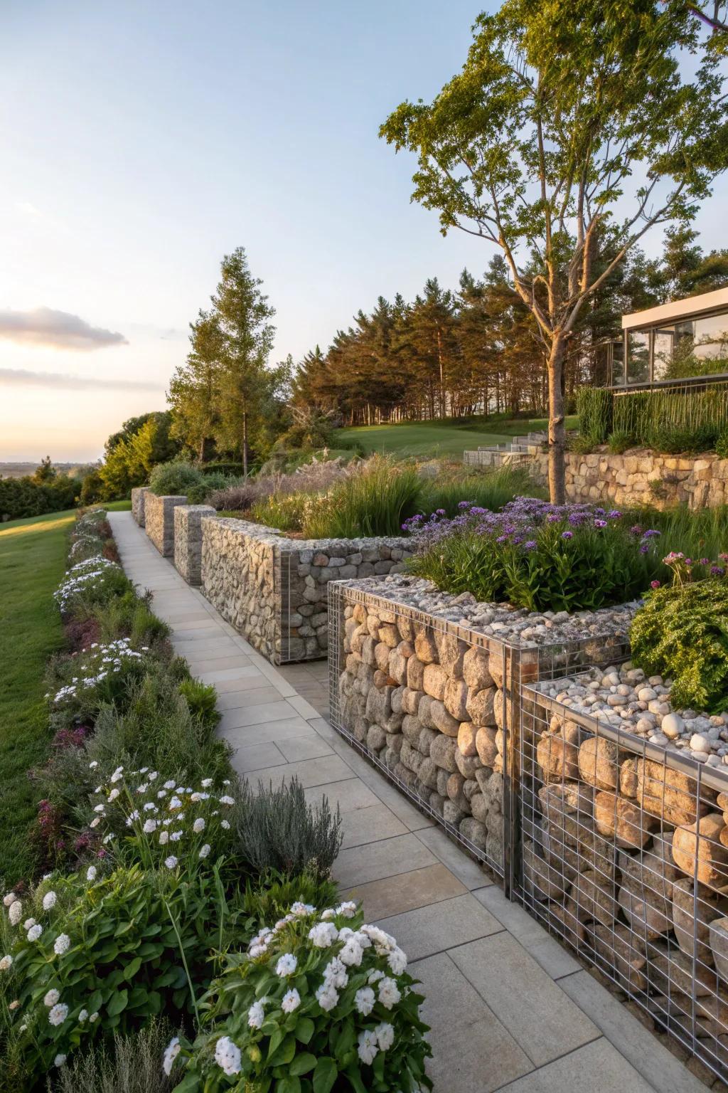 Gabion walls add a contemporary and durable border to gardens.