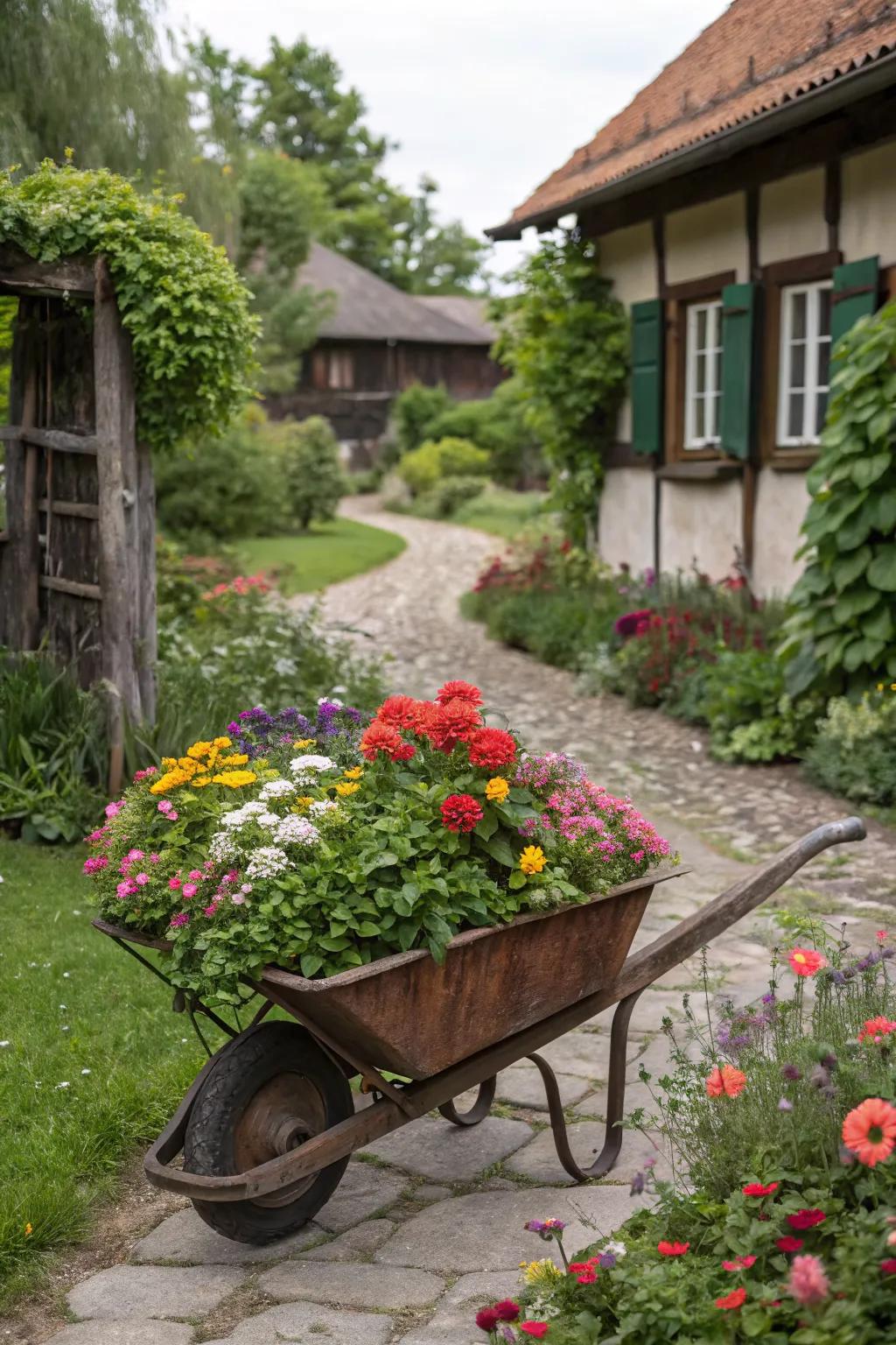 A wheelbarrow planter adds rustic charm to any garden.
