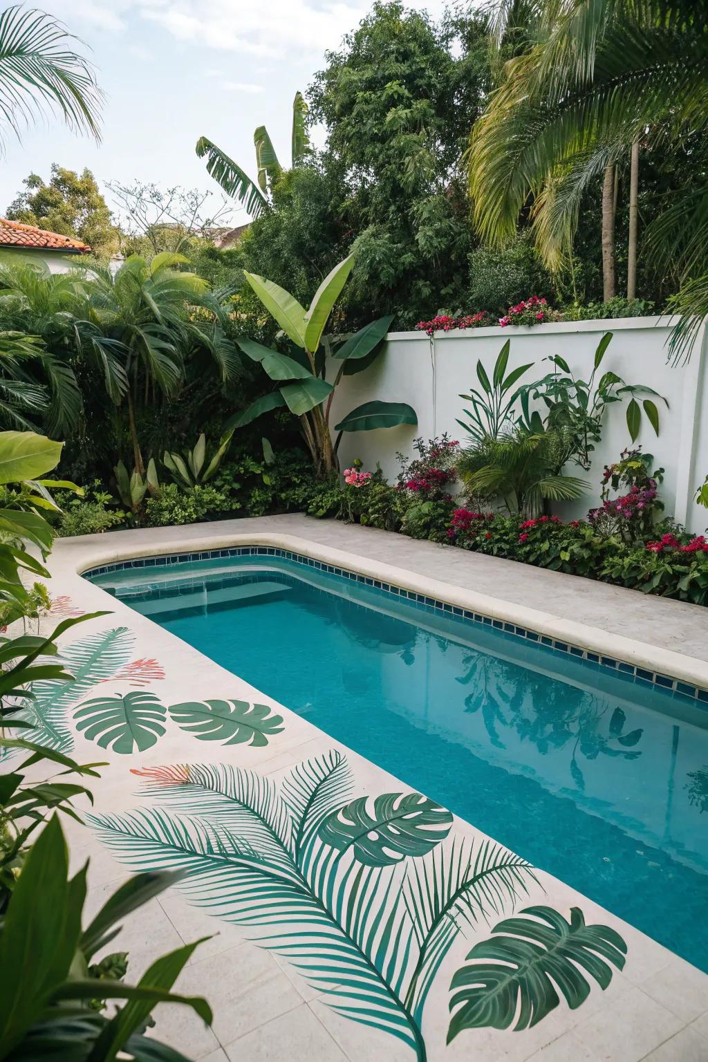 A pool with tropical-themed paint featuring palm leaves.