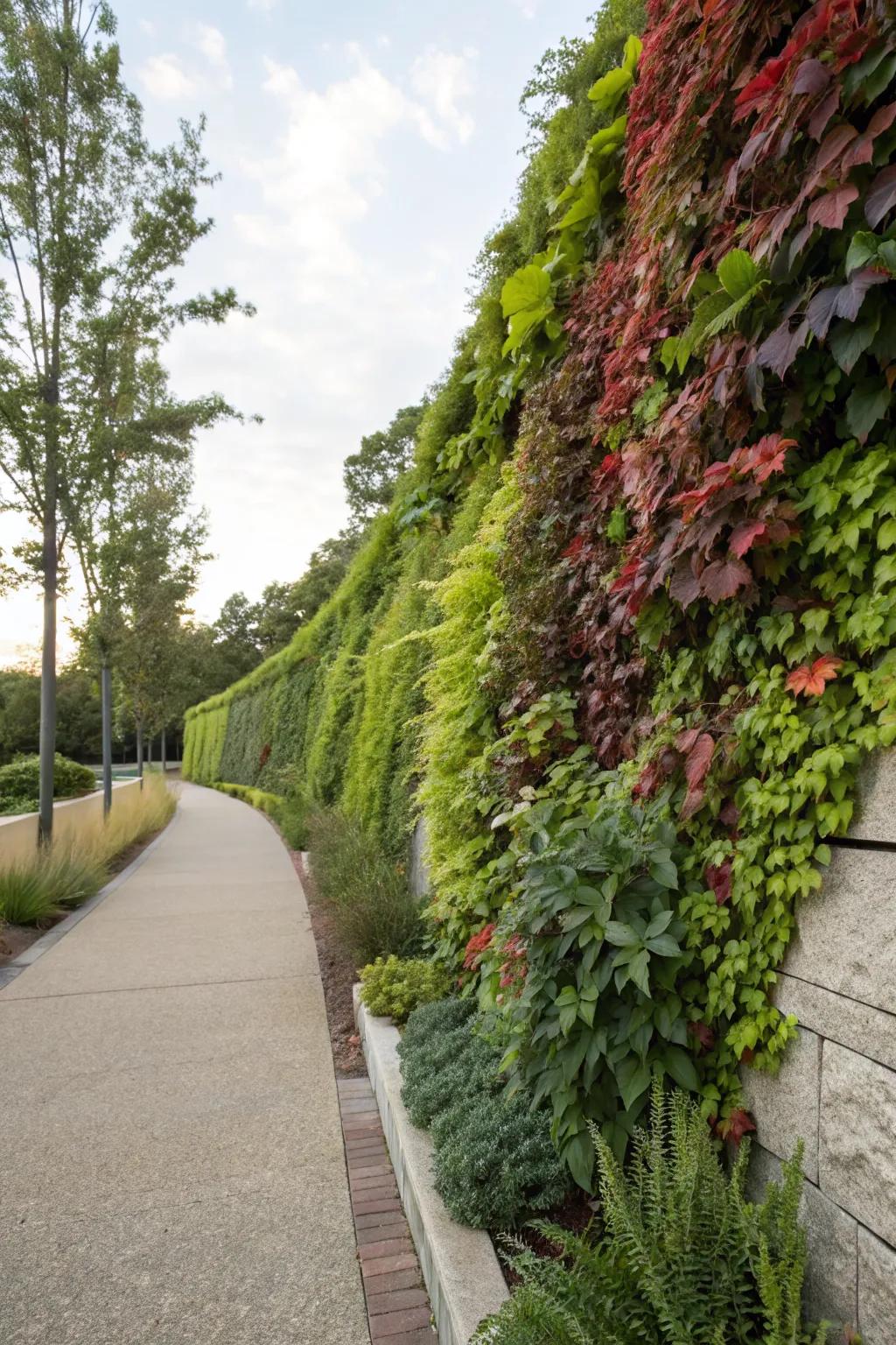 A living wall lush with integrated plants