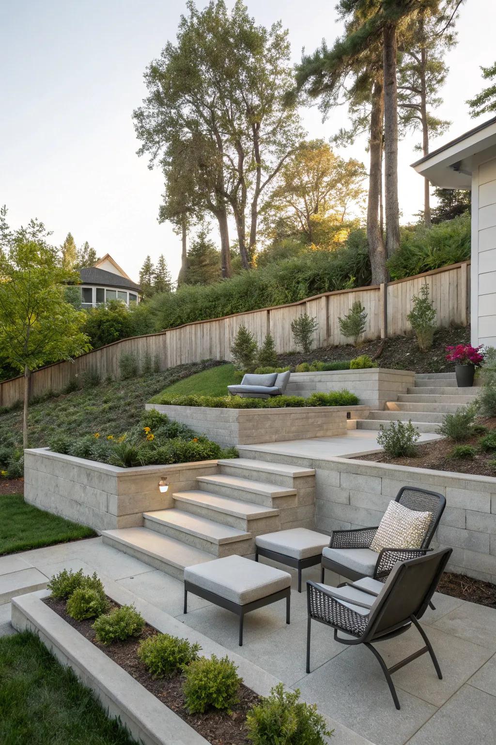 Modern design meets nature in a sleek sloped backyard.