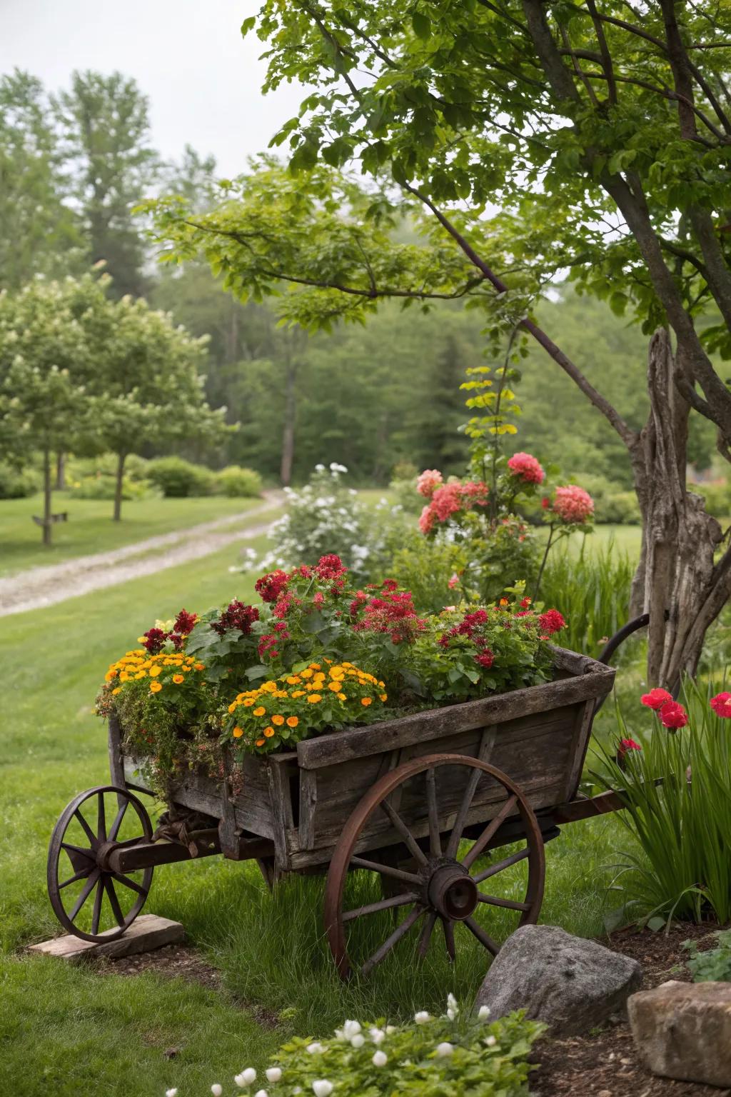 A classic garden cart breathing new life as a mobile flower display.