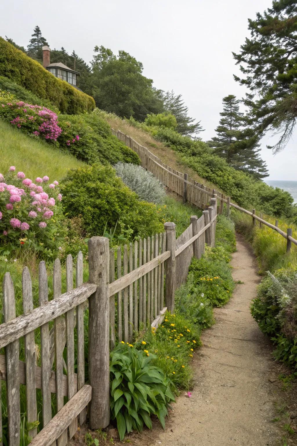 Fencing offers privacy and style in sloped gardens.