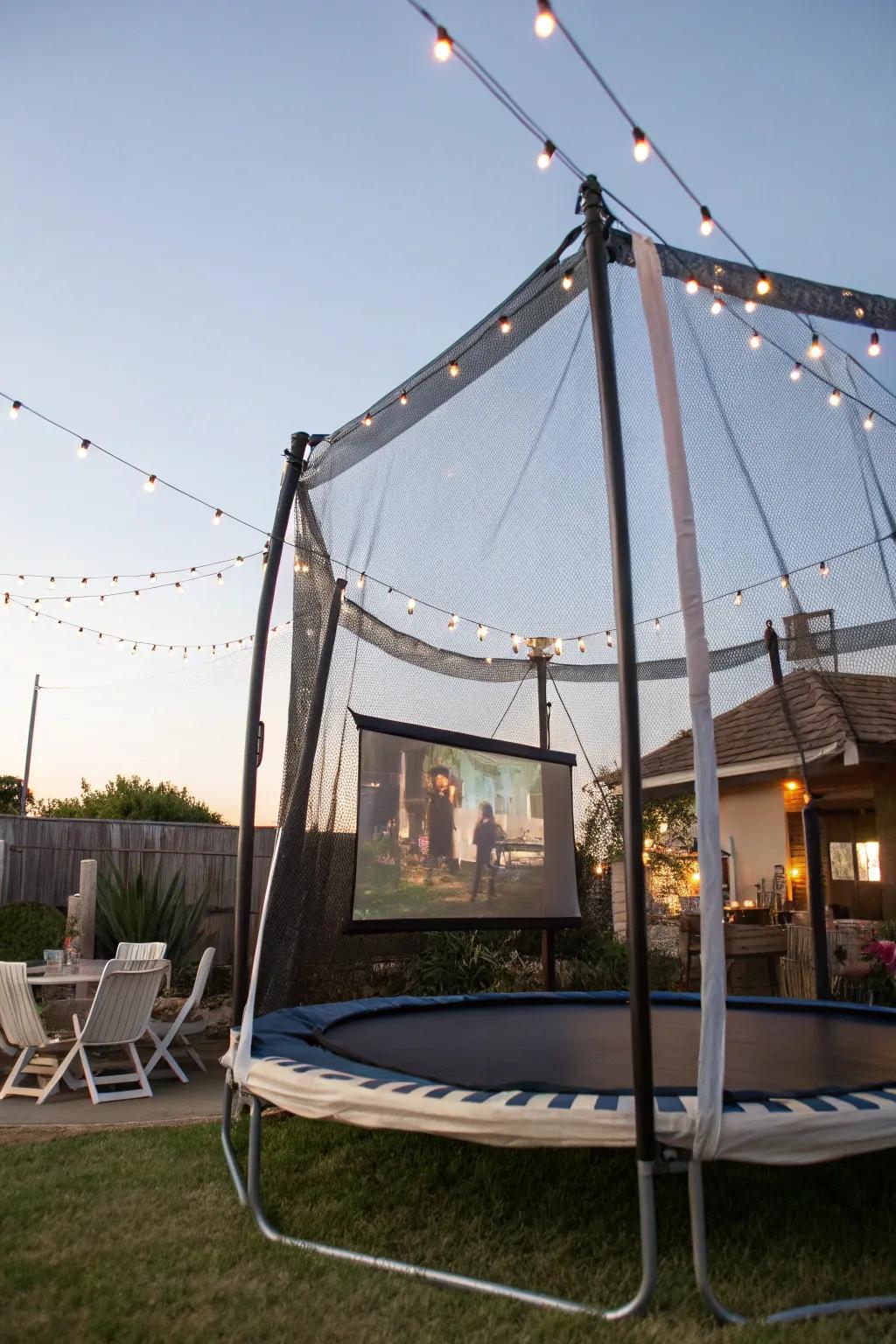 Set up an outdoor movie screen on your trampoline for starry night cinema.