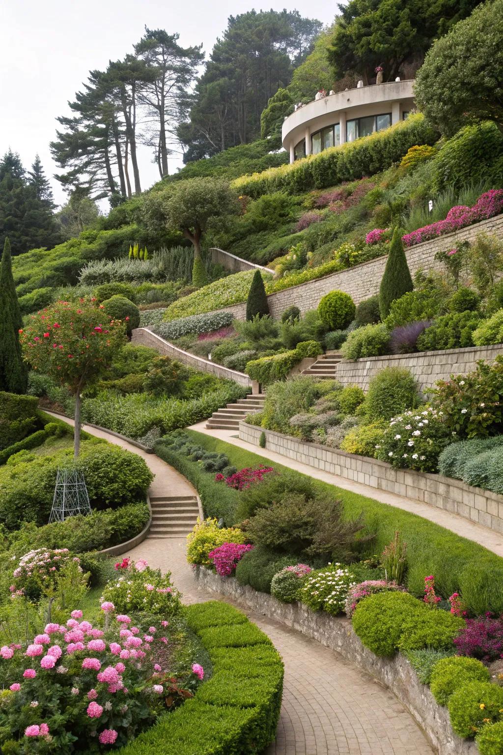 A terraced garden that adds dimension to the landscape.