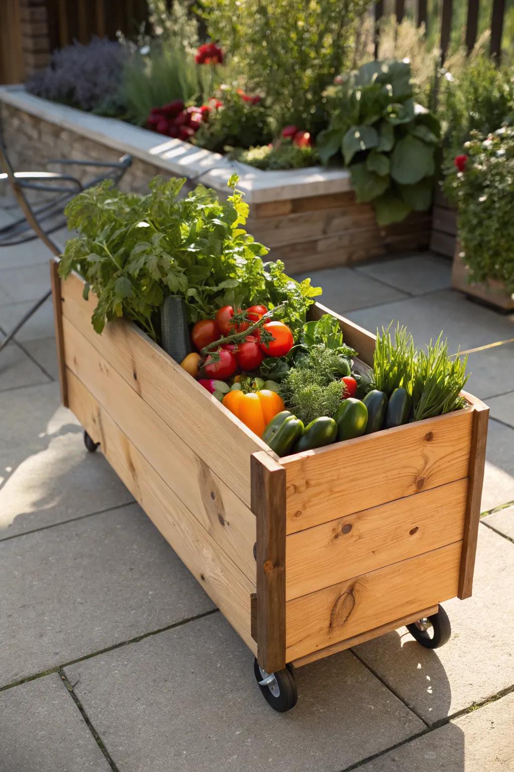 Wheeled planter box allowing flexible garden arrangements.