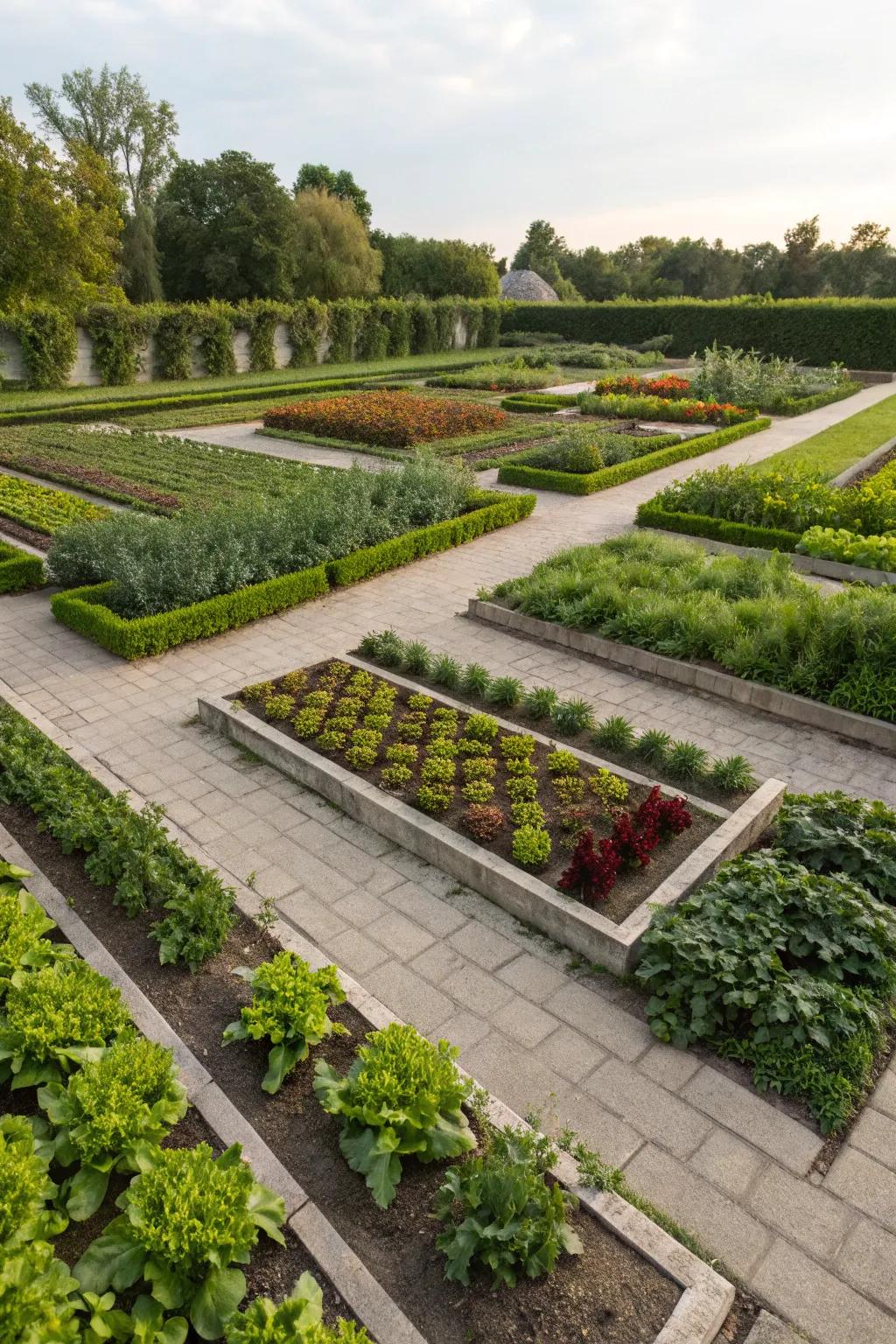 Modern geometric paths add a sleek touch to vegetable gardens.